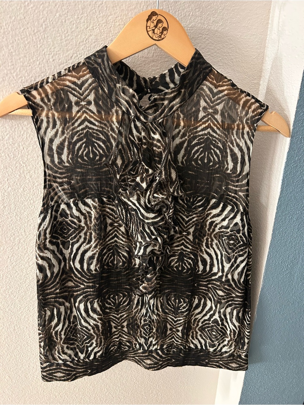 Sleeveless Ruffle Front Zebra Print Top - Black & Brown size large